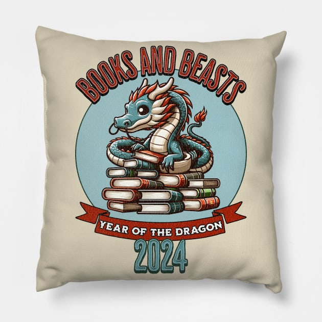 Books And Beasts - Year of the dragon - 2024 Pillow by Quirk Print Studios 