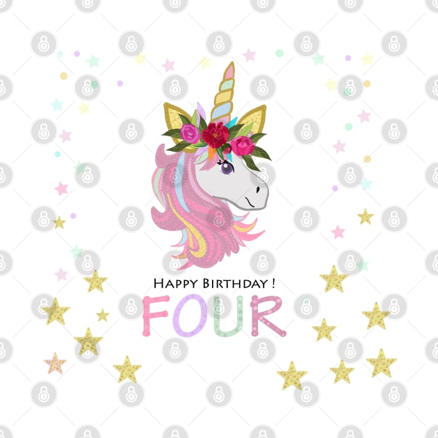 Four birthday greeting. Fourth. Magical Unicorn Birthday invitation. Party invitation greeting card by GULSENGUNEL