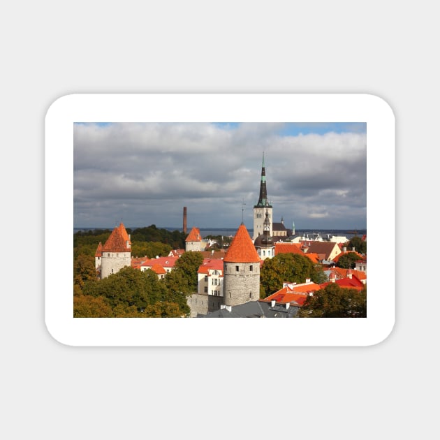 View from Toompea of the Lower Town, Old Town with Olai's Church or Oleviste Kirik, and a tower of the city wall, Tallinn, Estonia, Europe Magnet by Kruegerfoto