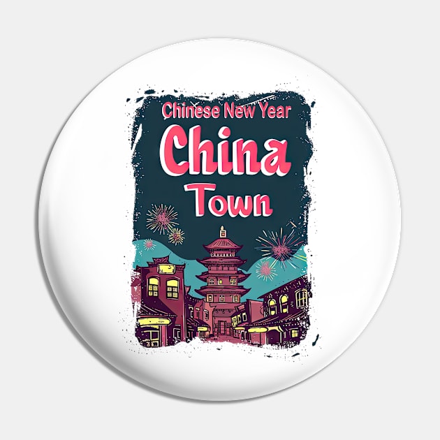 ChinaTown II: Retro Synthwave Fireworks - Vibrant Blues, Reds, and Yellows Pin by YUED