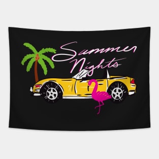 Ditsy 80s/90s Aesthetic Miami Pink Flamingo Exotic Car Pattern On Dark Blue Background Tapestry