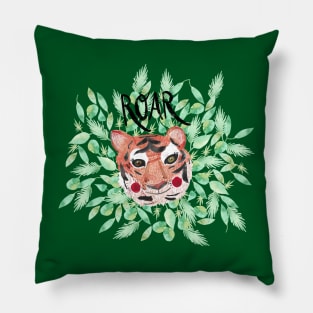 Hear me roar! Jungle Tiger Watercolor with “ROAR” in handlettering Pillow