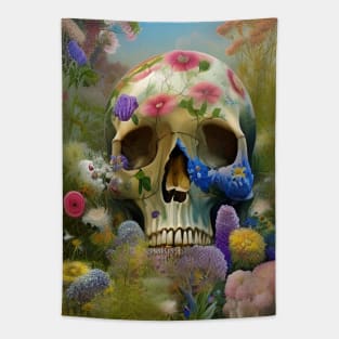 Floral Skull Art - A skull in a flower garden Tapestry