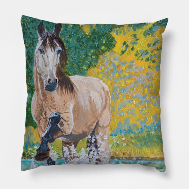 A horse splashing in water Pillow by Anton Liachovic