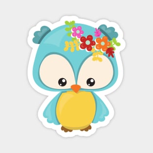 Spring Animals, Cute Owl, Little Owl, Flowers Magnet