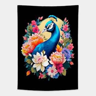 A Cute Peacock Surrounded by Bold Vibrant Spring Flowers Tapestry