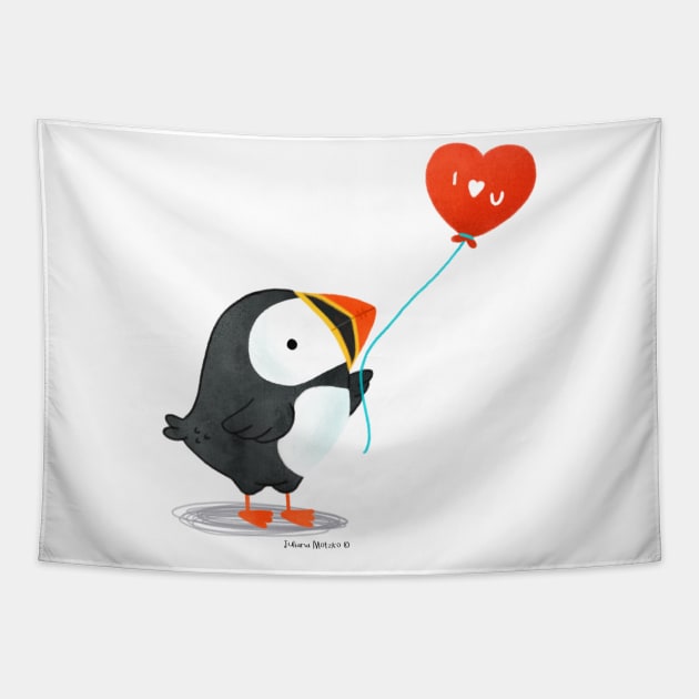 Puffin with a heart balloon Tapestry by julianamotzko