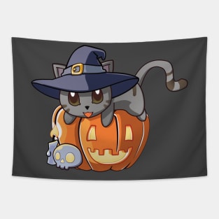 Grey Cat on a Pumpkin Tapestry