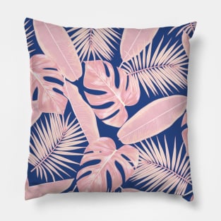 Tropical Green Leaves Pattern on Navy and Blue and Pink Pillow