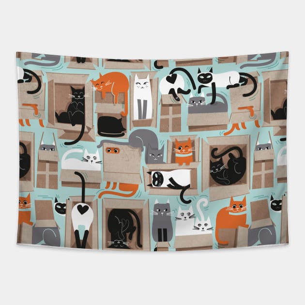 Purfect feline architecture // pattern // aqua background cute cats in cardboard boxes Tapestry by SelmaCardoso