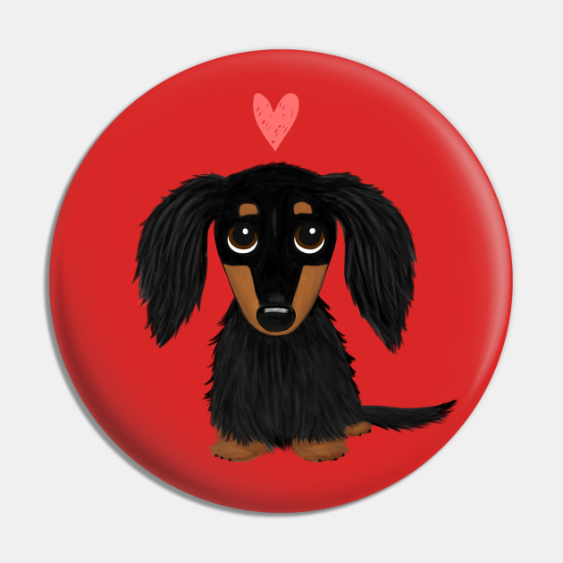 Black and Tan Longhaired Dachshund Cartoon Dog with Heart - Dachshund Valentine - Pin | TeePublic Black and Tan Longhaired Dachshund Cartoon Dog with Heart - Dachshund Valentine - Pin | TeePublic