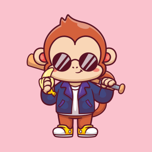 Cute Monkey With Baseball Bat With Jacket And Banana  Cartoon T-Shirt