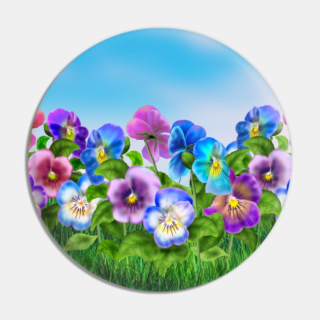 Beautiful Pansy Flowers Violet Viola Tricolor Floral Pattern. Watercolor Hand Drawn Decoration. Spring colorful pansies in bloom garden flowers  blue sky, sunny day landscape. Pin by sofiartmedia