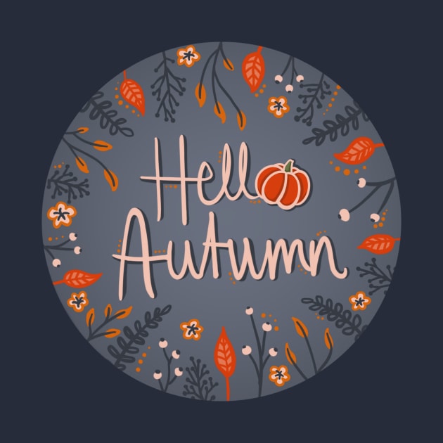 Hello Autumn! leafy autumn badge style illustration by AlmightyClaire