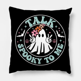 Talk Spooky To Me: Cute Hippie Halloween Ghost with Flowers Pillow