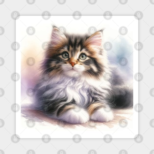 Domestic Long Hair Watercolor Kitten - Cute Kitties Magnet by Aquarelle Impressions