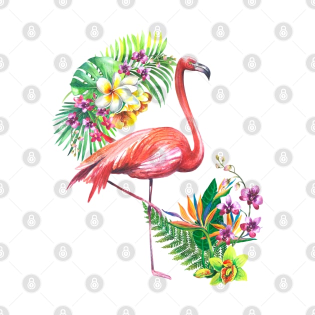 Pink Flamingo and Tropical Flowers Watercolor Art by AdrianaHolmesArt