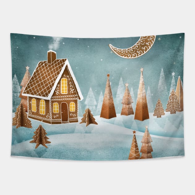 Gingerbread house moon and trees watercolor illustration. Fantasy candy world Christmas decorations. Snow hills. Magic winter forest Tapestry by likapix