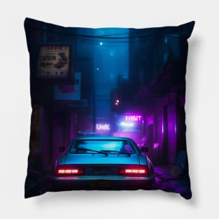 Neon Lit Car At Night Pillow