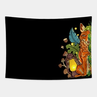 Fox and frog with mushrooms in the forest - Goblincore Tapestry