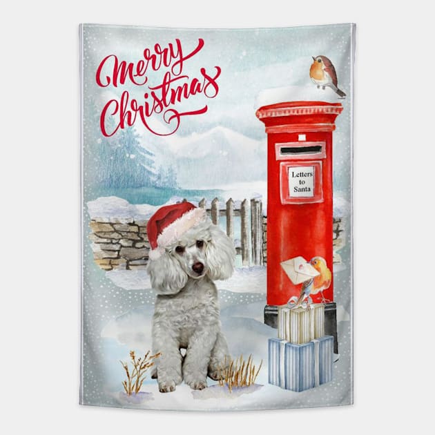 White Poodle Merry Christmas Santa Dog Tapestry by Puppy Eyes