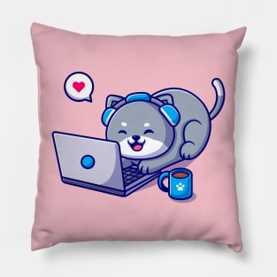 Cute Cat Working On Laptop Cartoon Pillow