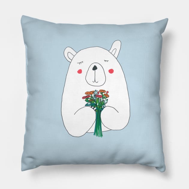 Polar Bear With Flowers Pillow by DoodlesAndStuff