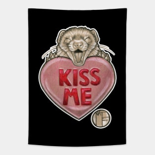 Kiss Me Ferret with Candy Heart - White Outlined Version Tapestry