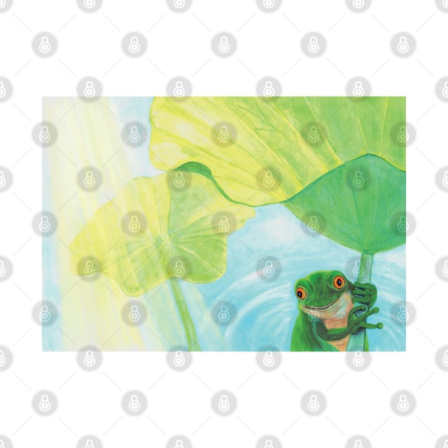 Green Frog under Lily Pad by Julia Doria Illustration