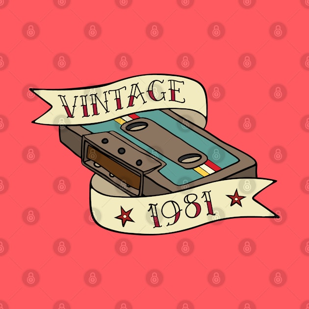 Vintage 1981 Cassette Tape Retro Tattoo Design by Huhnerdieb Apparel