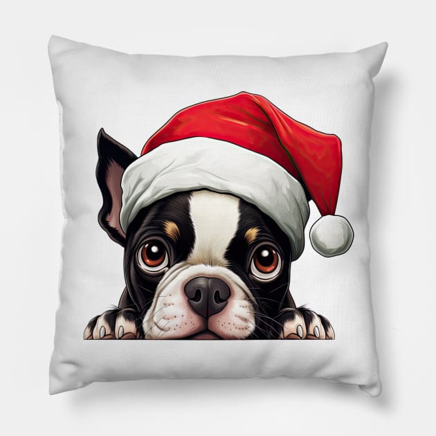 Christmas Peeking Boston Terrier Dog Pillow by Chromatic Fusion Studio