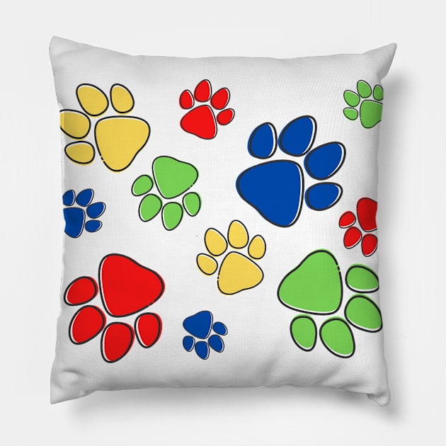 Kids Pawprint Pattern – Red Blue Green Yellow Pillow by KoreDemeter14