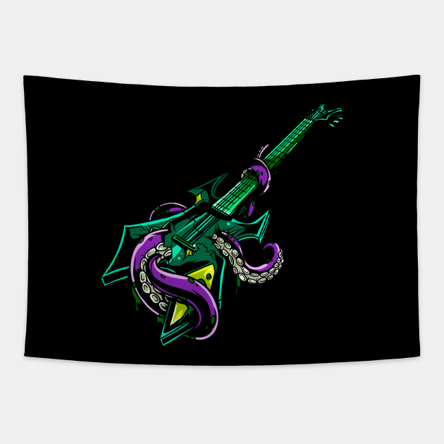 Electric rock guitar with purple Octopus Tapestry by pickledpossums