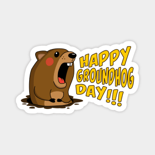 Cute Groundhog Screaming "Happy Groundhog Day!" Holiday Magnet