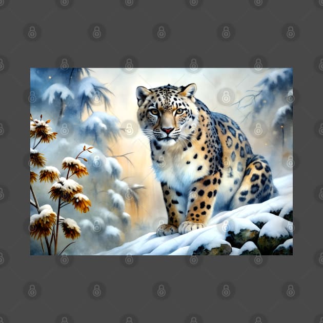 A Proud Snow Leopard Went Hunting, in the Snowy forest, Hight Mountains, Snow Falling, Winter Landscape, Wildlife White Pantera, Watercolor Realistic Illustration, Art, Portrait, Poster, Shirt, Christmas by sofiartmedia