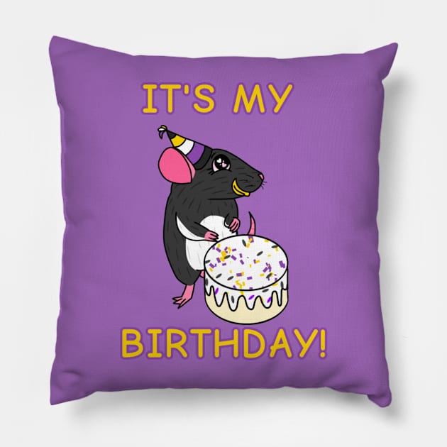 Birthday Rat (Version 3) Pillow by Rad Rat Studios