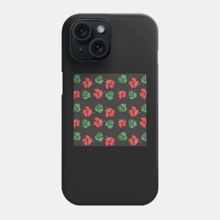 Red Hibiscus and Monstera Pattern with a dark gray background Phone Case