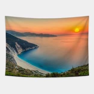 The sunset at the famous beach Myrtos in Kefalonia island, Greece Tapestry