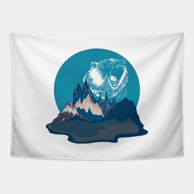 Bear Roaring in Blue Mountain Landscape | Gift Idea for Travelers who love Hiking or Camping | Wanderlust T-Shirt Tapestry by mschubbybunny