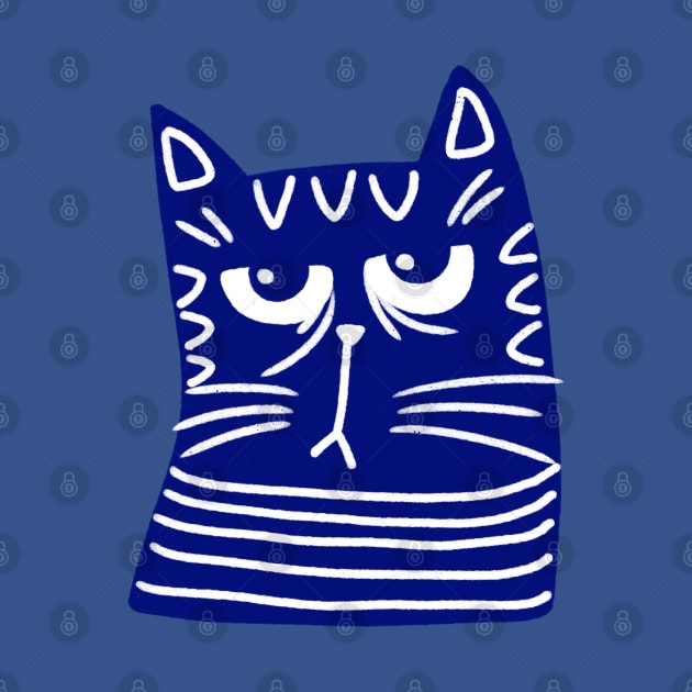 Cute blue and white cat head with grumpy face on blue background by iulistration