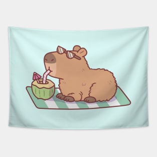 Cute Chill Capybara Drinking Coconut Water Tapestry