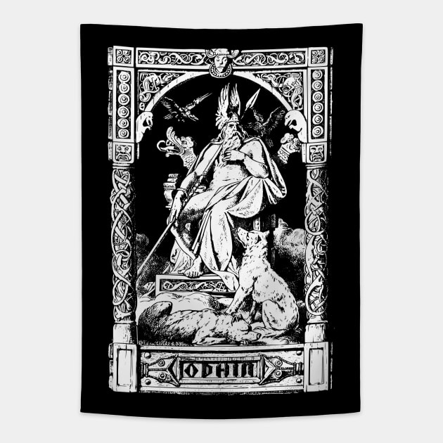 Vintage Norse Odin Engraving with Hugin and Munin Tapestry by Beltschazar