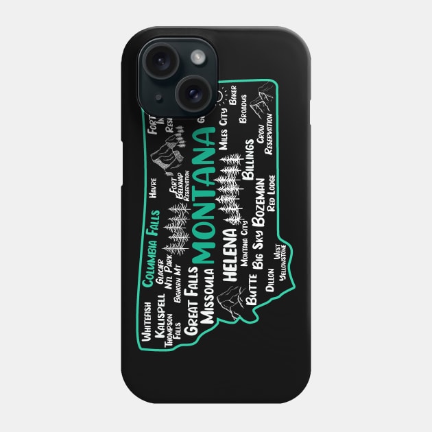 Cute map of Columbia Falls Montana, Helena, Missoula, Great Falls, Bozemian, Billings, Kalispell, Big Sky Phone Case by BoogieCreates