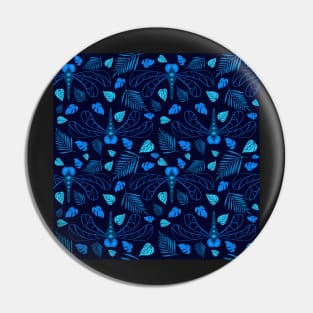 Bright Blue Dragonfly and Leaf Pattern on Blue Pin