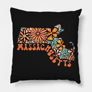 Massachusetts State Design | Artist Designed Illustration Featuring Massachusetts State Outline Filled With Retro Flowers with Retro Hand-Lettering Pillow