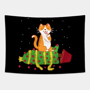 red cat knocked the christmas tree Tapestry