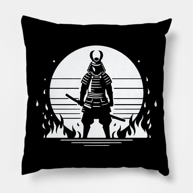 Samurai Warrior standing unfazed in Flames Pillow by SimpliPrinter