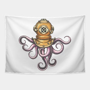 Engraving Tattoo of Octopus in Retro Diving Helmet Tapestry