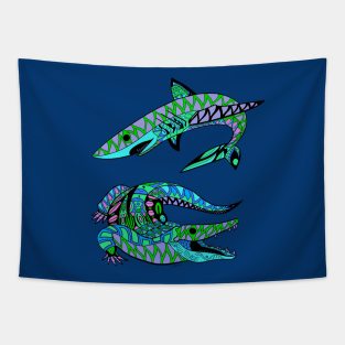 the kings of the swamp the shark and the alligator ecopop arts Tapestry