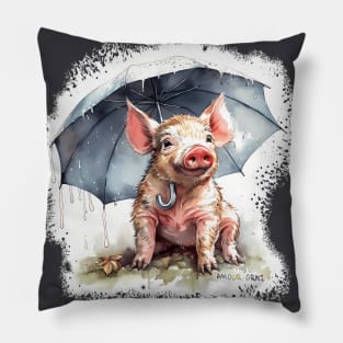 Watercolor piglet proudly standing under umbrella (´♡(oo)♡｀) Pillow